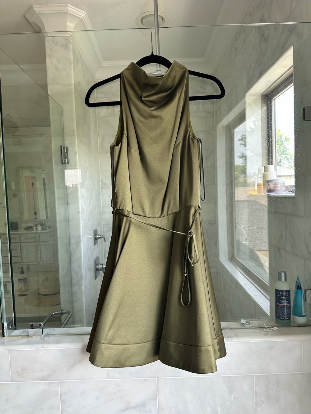 Elliatt Olive Green Sleeveless Cowl Mini Dress with Waist Tie